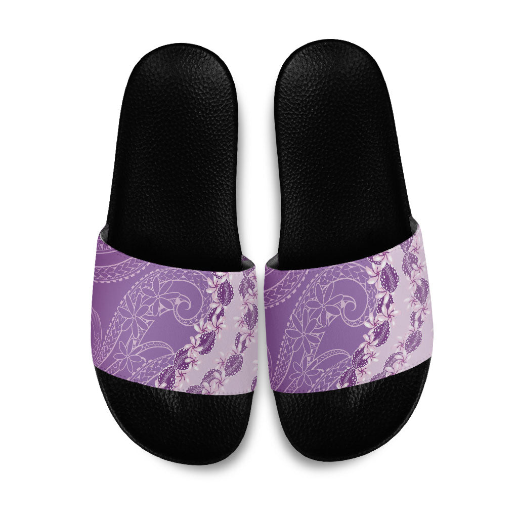 Heiva i Tahiti Slide Sandals Tahitian Tiare Maori Cowrie Lei Purple