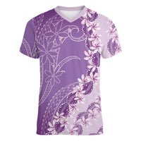 Heiva i Tahiti Women V-Neck T-Shirt Tahitian Tiare Maori Cowrie Lei Purple LT14 Female Purple - Polynesian Pride