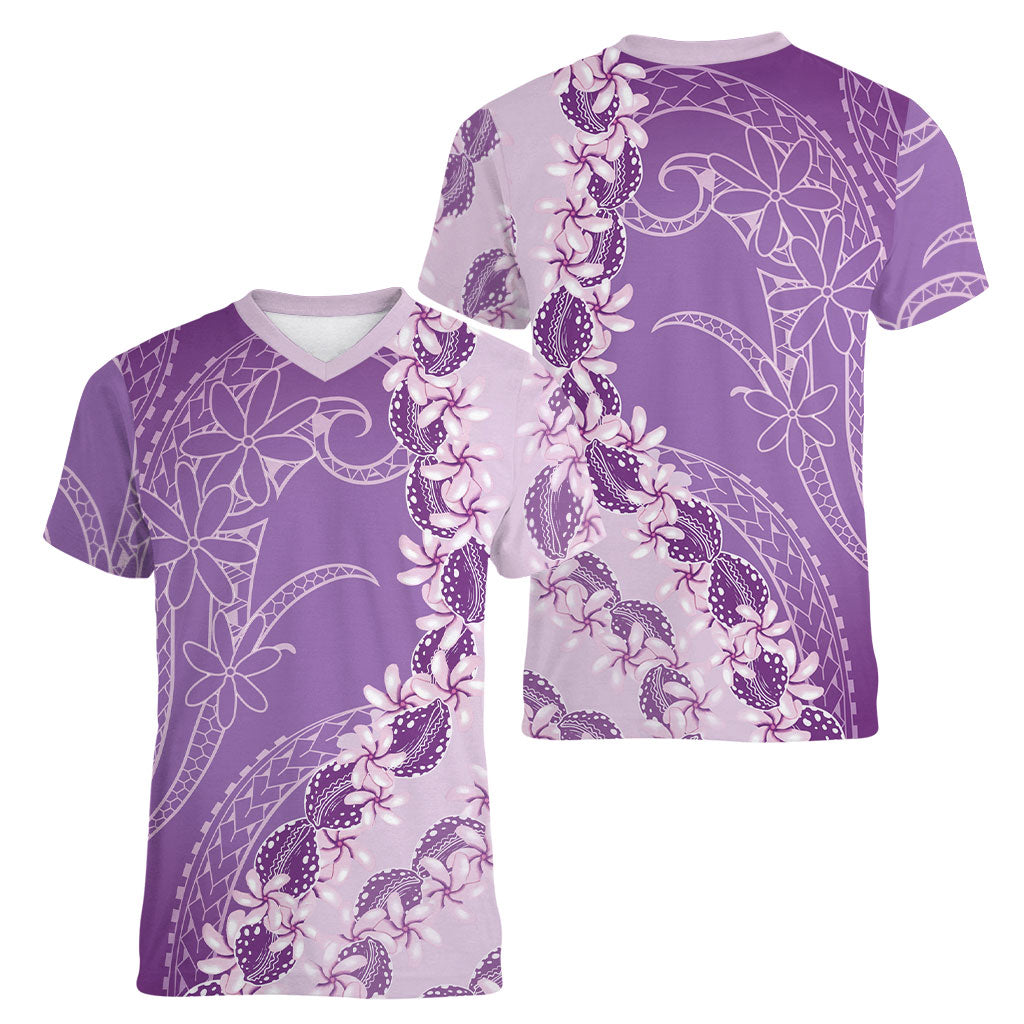 Heiva i Tahiti Women V-Neck T-Shirt Tahitian Tiare Maori Cowrie Lei Purple LT14 - Polynesian Pride