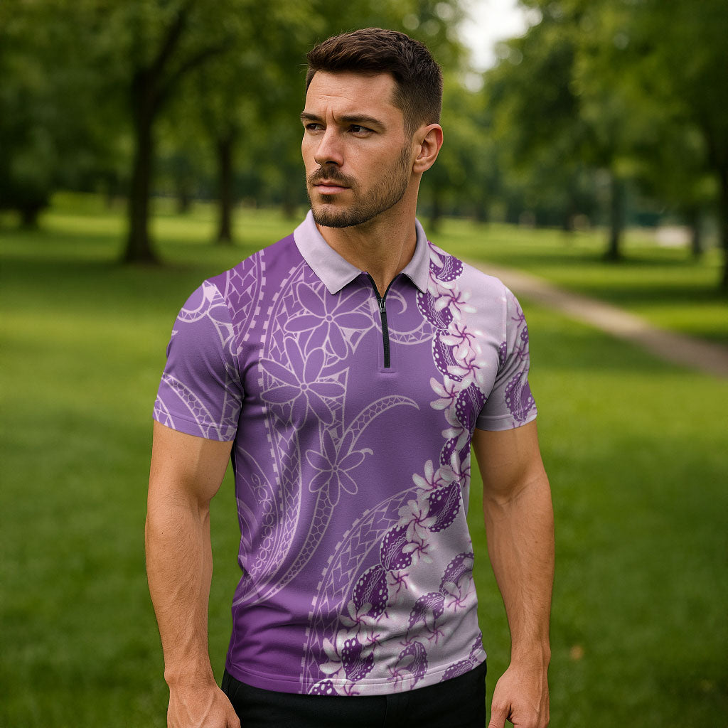 Heiva i Tahiti Zipper Polo Shirt Tahitian Tiare Maori Cowrie Lei Purple