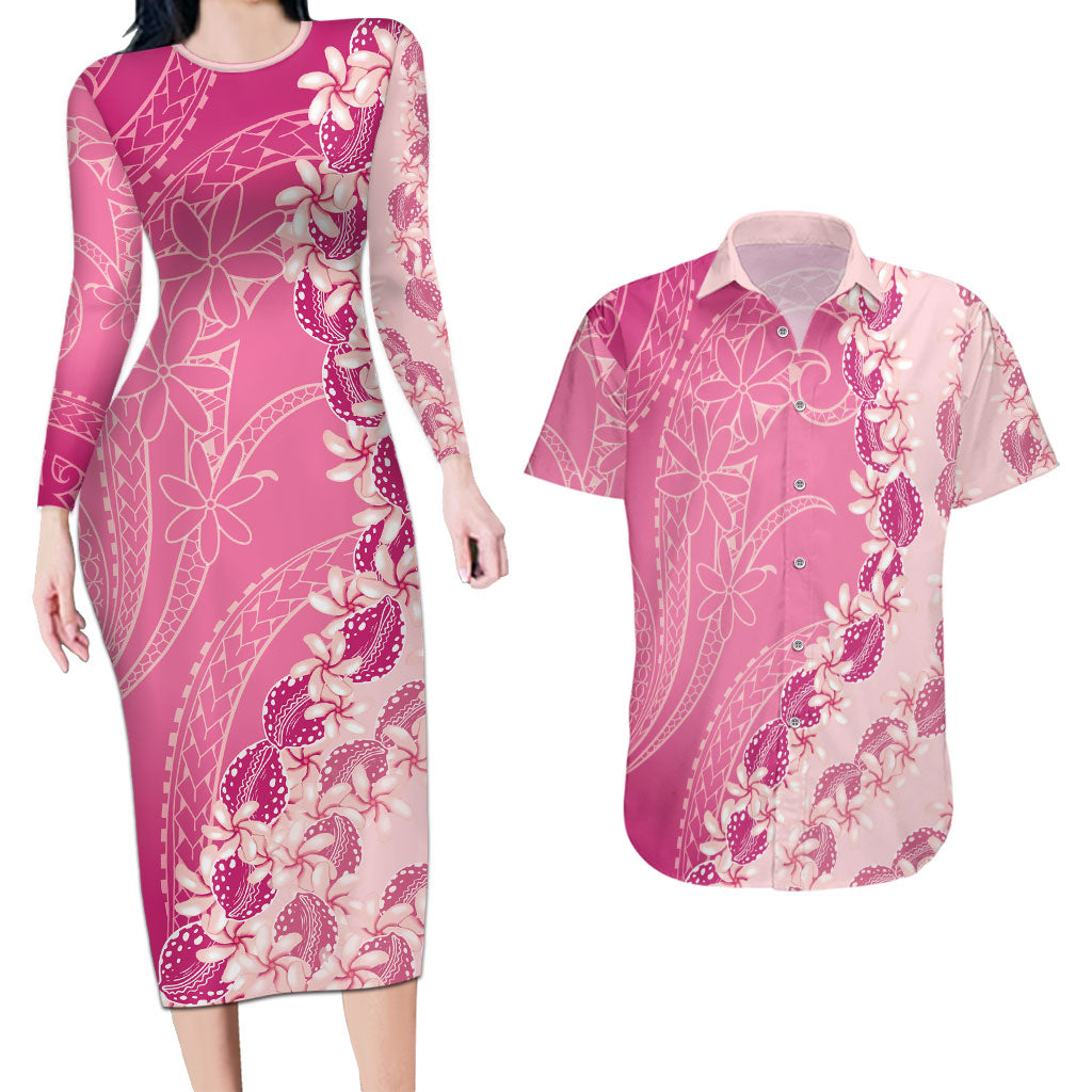 Heiva i Tahiti Couples Matching Long Sleeve Bodycon Dress and Hawaiian Shirt Tahitian Tiare Maori Cowrie Lei Pink LT14 Pink - Polynesian Pride
