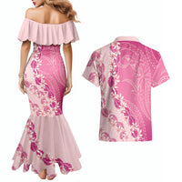 Heiva i Tahiti Couples Matching Mermaid Dress and Hawaiian Shirt Tahitian Tiare Maori Cowrie Lei Pink