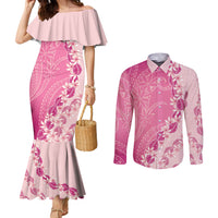 Heiva i Tahiti Couples Matching Mermaid Dress and Long Sleeve Button Shirt Tahitian Tiare Maori Cowrie Lei Pink LT14 Pink - Polynesian Pride