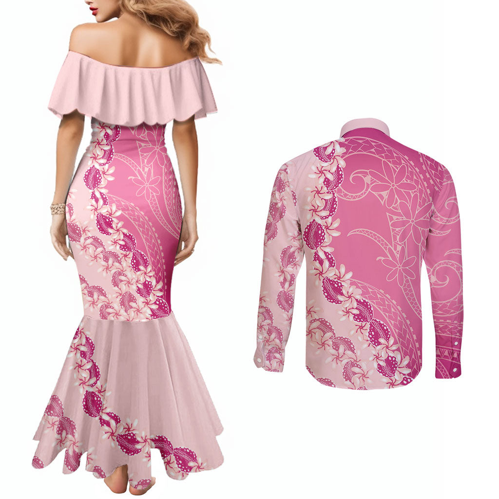 Heiva i Tahiti Couples Matching Mermaid Dress and Long Sleeve Button Shirt Tahitian Tiare Maori Cowrie Lei Pink LT14 - Polynesian Pride