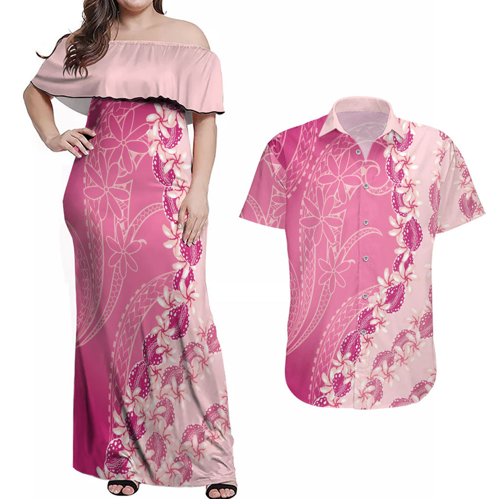 Heiva i Tahiti Couples Matching Off Shoulder Maxi Dress and Hawaiian Shirt Tahitian Tiare Maori Cowrie Lei Pink LT14 Pink - Polynesian Pride