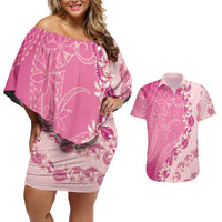 Heiva i Tahiti Couples Matching Off Shoulder Short Dress and Hawaiian Shirt Tahitian Tiare Maori Cowrie Lei Pink LT14 Pink - Polynesian Pride
