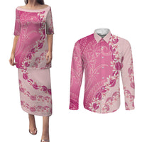 Heiva i Tahiti Couples Matching Puletasi and Long Sleeve Button Shirt Tahitian Tiare Maori Cowrie Lei Pink LT14 Pink - Polynesian Pride