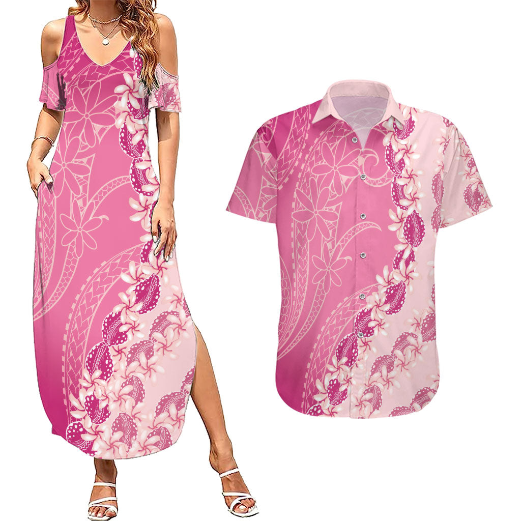 Heiva i Tahiti Couples Matching Summer Maxi Dress and Hawaiian Shirt Tahitian Tiare Maori Cowrie Lei Pink LT14 Pink - Polynesian Pride