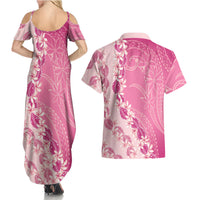 Heiva i Tahiti Couples Matching Summer Maxi Dress and Hawaiian Shirt Tahitian Tiare Maori Cowrie Lei Pink LT14 - Polynesian Pride