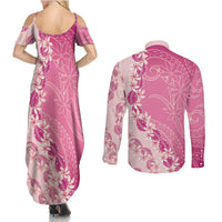 Heiva i Tahiti Couples Matching Summer Maxi Dress and Long Sleeve Button Shirt Tahitian Tiare Maori Cowrie Lei Pink