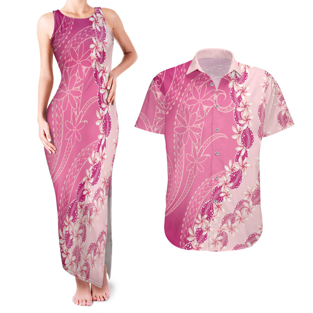 Heiva i Tahiti Couples Matching Tank Maxi Dress and Hawaiian Shirt Tahitian Tiare Maori Cowrie Lei Pink