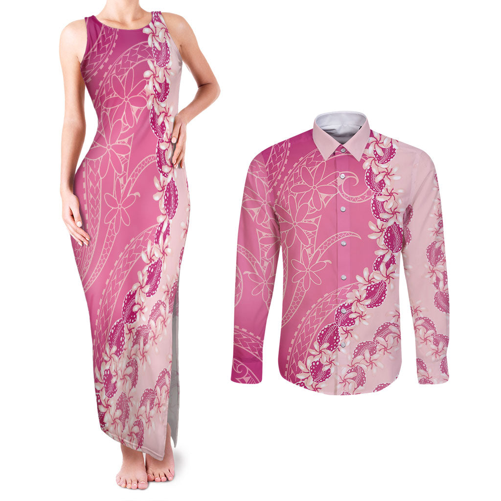 Heiva i Tahiti Couples Matching Tank Maxi Dress and Long Sleeve Button Shirt Tahitian Tiare Maori Cowrie Lei Pink LT14 Pink - Polynesian Pride