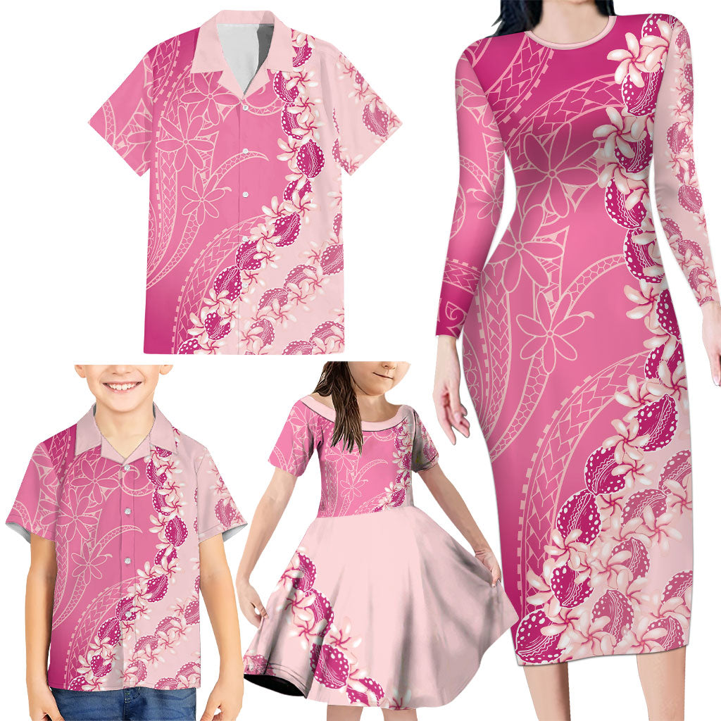 Heiva i Tahiti Family Matching Long Sleeve Bodycon Dress and Hawaiian Shirt Tahitian Tiare Maori Cowrie Lei Pink LT14 - Polynesian Pride