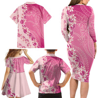 Heiva i Tahiti Family Matching Long Sleeve Bodycon Dress and Hawaiian Shirt Tahitian Tiare Maori Cowrie Lei Pink LT14 - Polynesian Pride