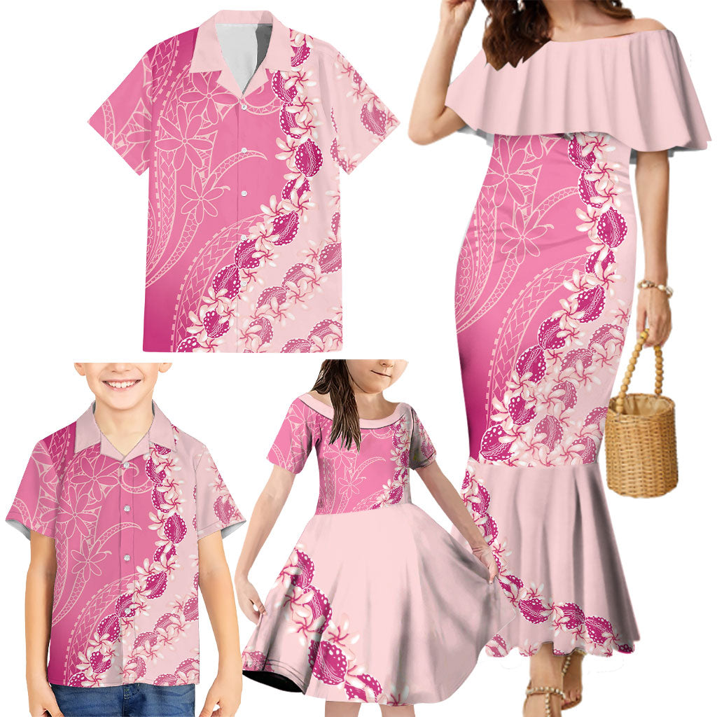 Heiva i Tahiti Family Matching Mermaid Dress and Hawaiian Shirt Tahitian Tiare Maori Cowrie Lei Pink LT14 - Polynesian Pride