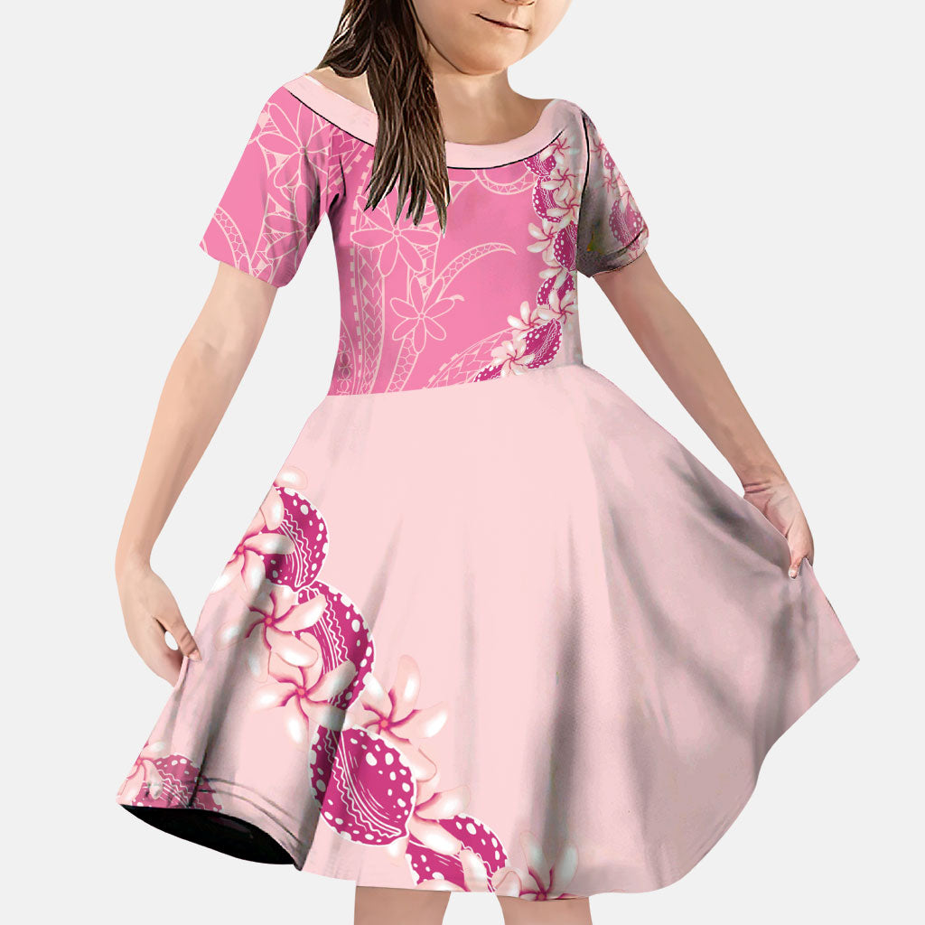Heiva i Tahiti Family Matching Off The Shoulder Long Sleeve Dress and Hawaiian Shirt Tahitian Tiare Maori Cowrie Lei Pink LT14 Daughter's Dress Pink - Polynesian Pride
