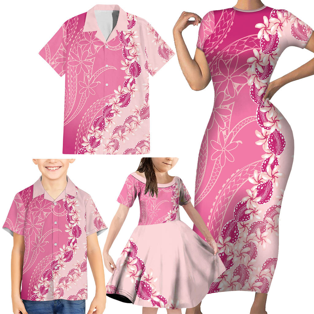 Heiva i Tahiti Family Matching Short Sleeve Bodycon Dress and Hawaiian Shirt Tahitian Tiare Maori Cowrie Lei Pink