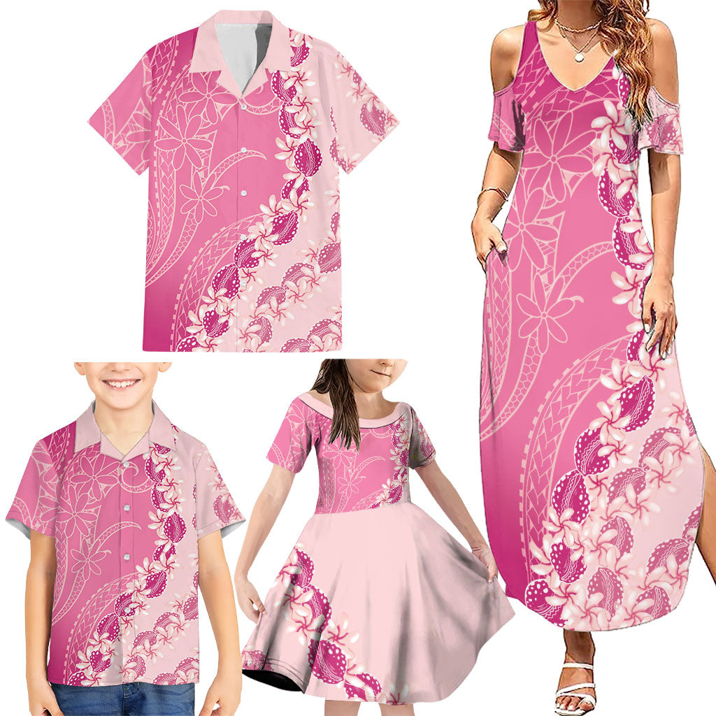 Heiva i Tahiti Family Matching Summer Maxi Dress and Hawaiian Shirt Tahitian Tiare Maori Cowrie Lei Pink LT14 - Polynesian Pride