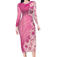 Heiva i Tahiti Long Sleeve Bodycon Dress Tahitian Tiare Maori Cowrie Lei Pink