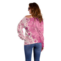 Heiva i Tahiti Off Shoulder Sweater Tahitian Tiare Maori Cowrie Lei Pink