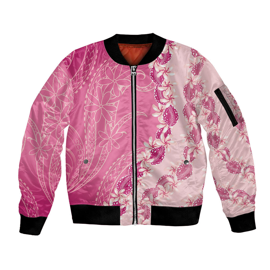 Heiva i Tahiti Sleeve Zip Bomber Jacket Tahitian Tiare Maori Cowrie Lei Pink