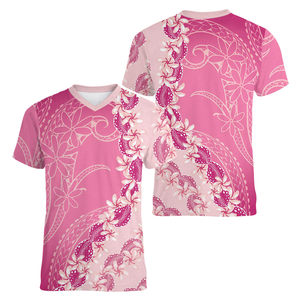 Heiva i Tahiti Women V-Neck T-Shirt Tahitian Tiare Maori Cowrie Lei Pink LT14 - Polynesian Pride