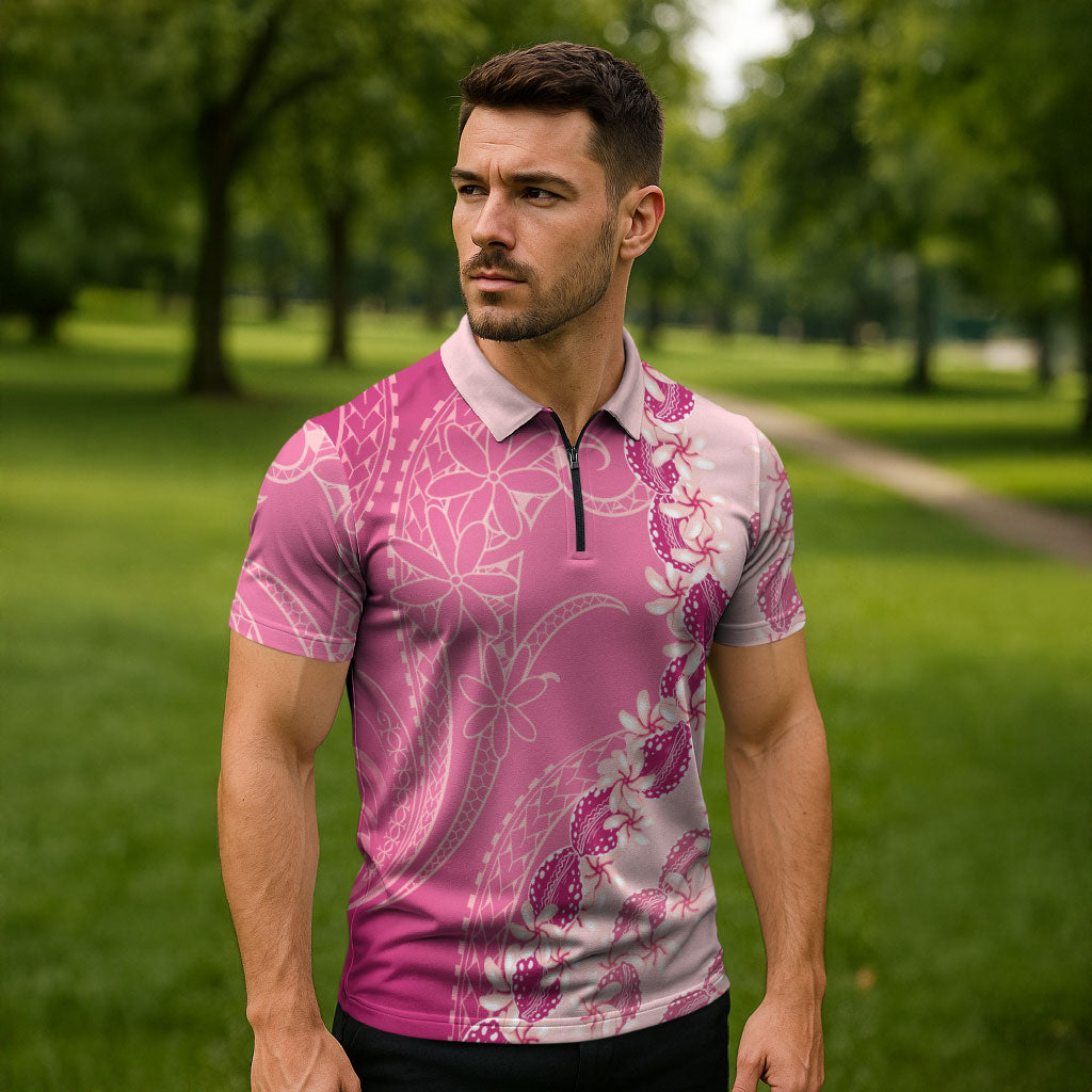 Heiva i Tahiti Zipper Polo Shirt Tahitian Tiare Maori Cowrie Lei Pink LT14 - Polynesian Pride