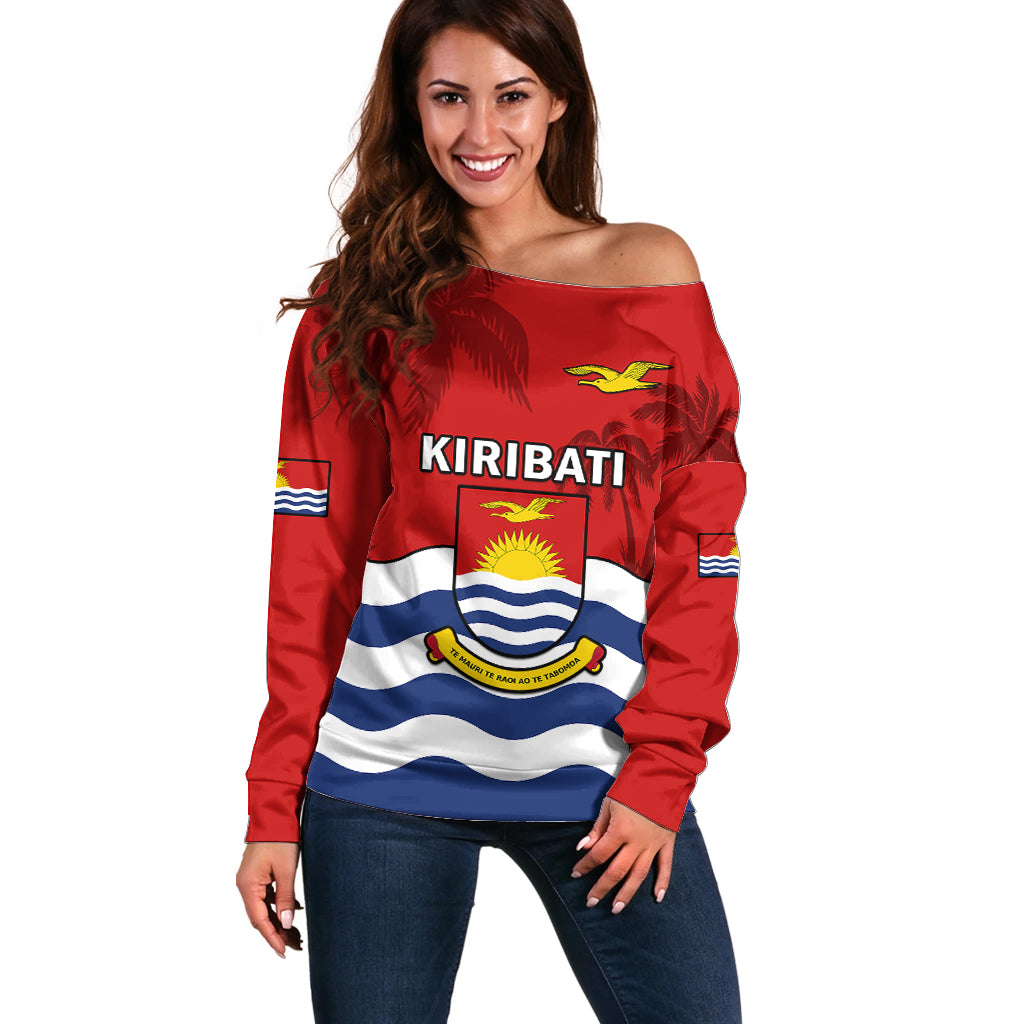 Personalised Kiribati Independence Day Off Shoulder Sweater Happy 44th Anniversary Flag Style LT14 Women Red - Polynesian Pride