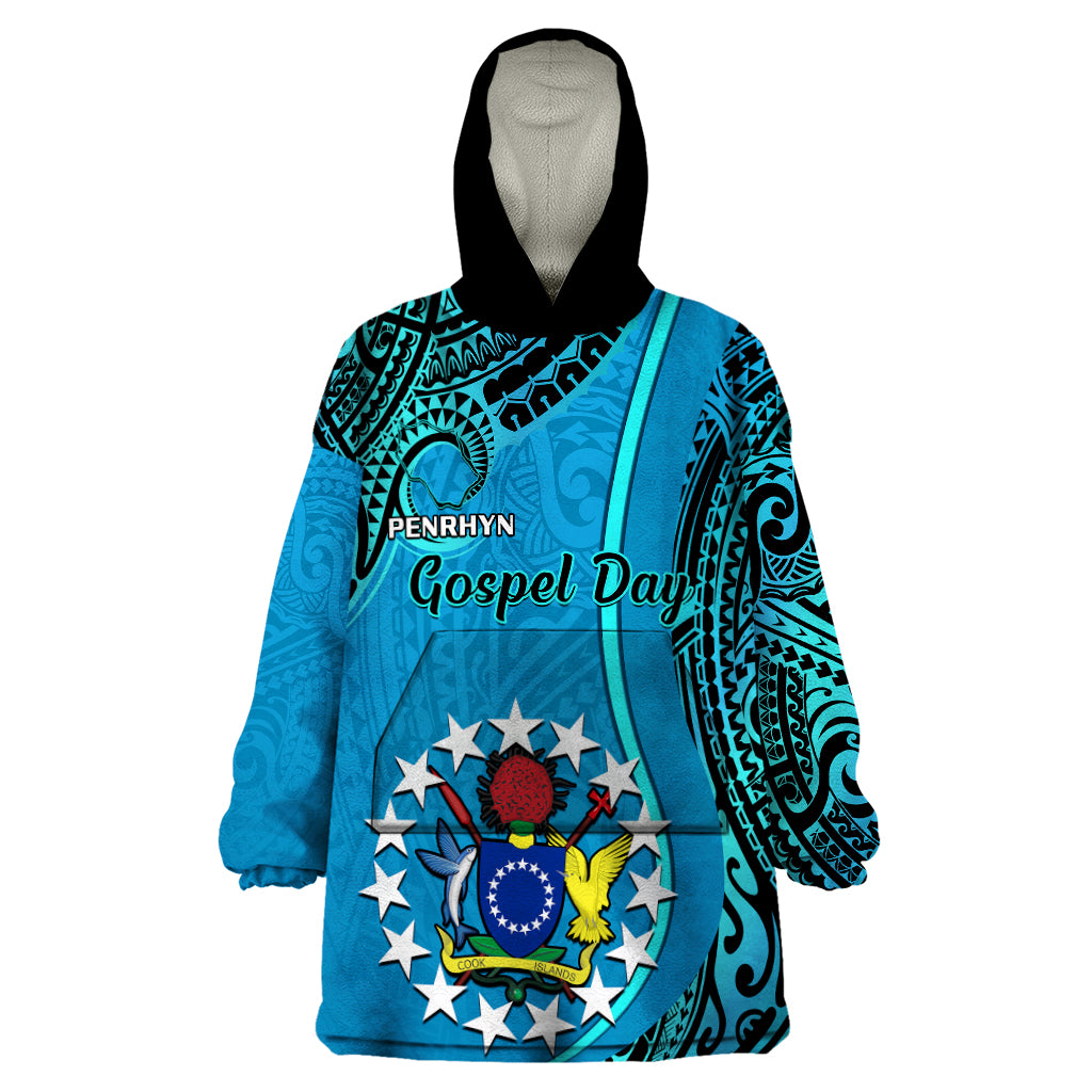 Personalised 13 March Penrhyn Island Gospel Day Wearable Blanket Hoodie Cook Islands Tribal Pattern LT14 One Size Blue - Polynesian Pride