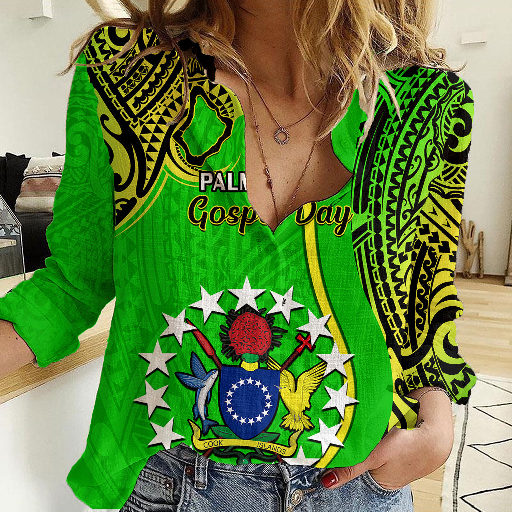 Personalised 25 May Palmerston Island Gospel Day Women Casual Shirt Cook Islands Tribal Pattern LT14 Female Green - Polynesian Pride