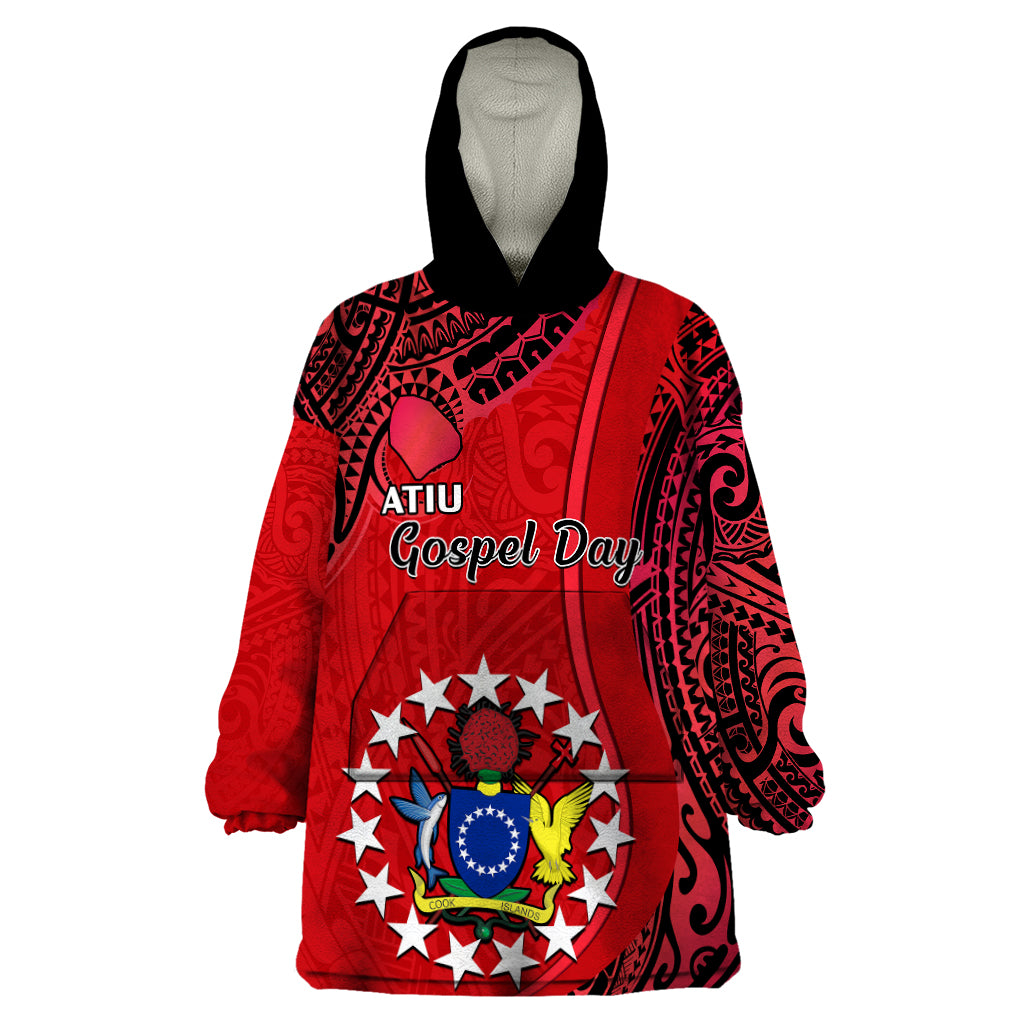 20 July Atiu Island Gospel Day Wearable Blanket Hoodie Cook Islands Tribal Pattern LT14 One Size Red - Polynesian Pride