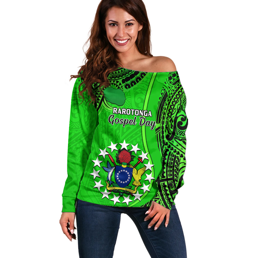 Personalised 25 July Rarotonga Island Gospel Day Off Shoulder Sweater Cook Islands Tribal Pattern LT14 Women Green - Polynesian Pride