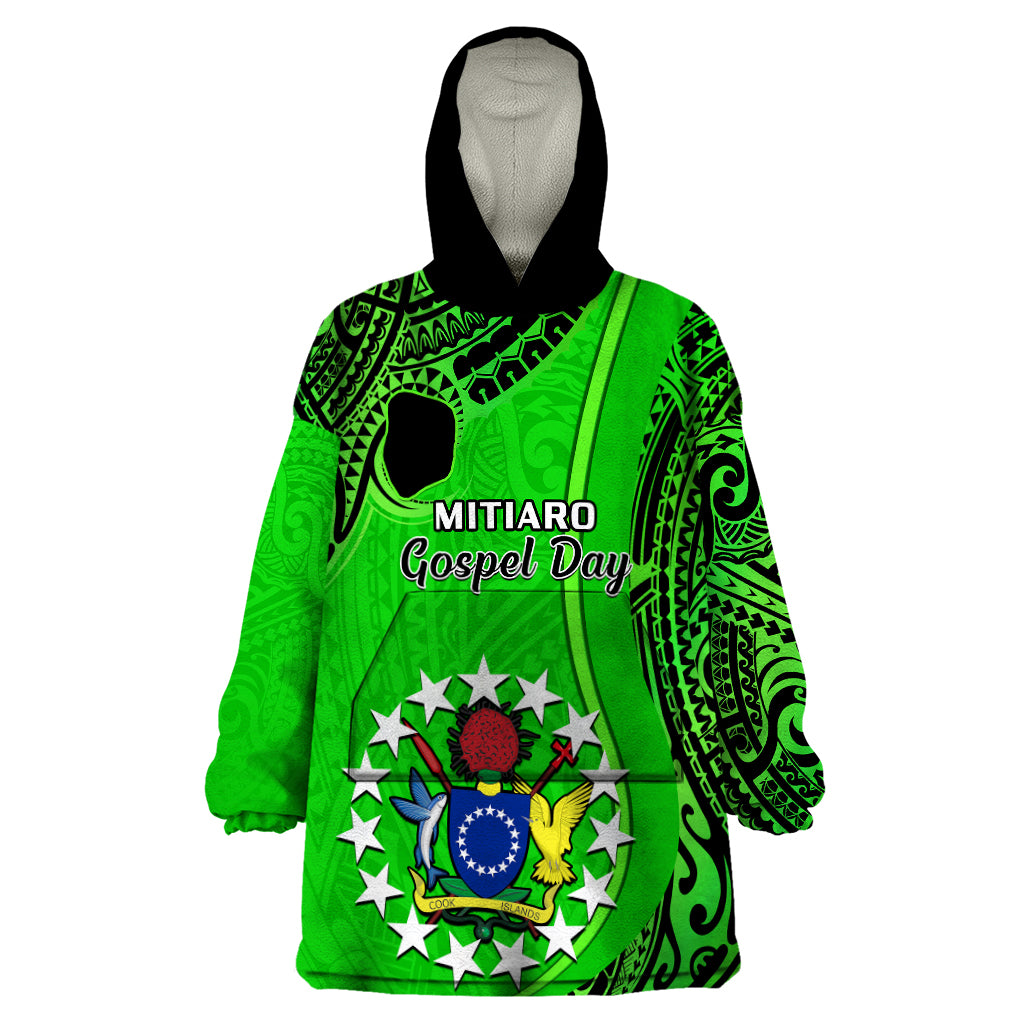 Personalised 21 July Mitiaro Island Gospel Day Wearable Blanket Hoodie Cook Islands Tribal Pattern LT14 One Size Green - Polynesian Pride