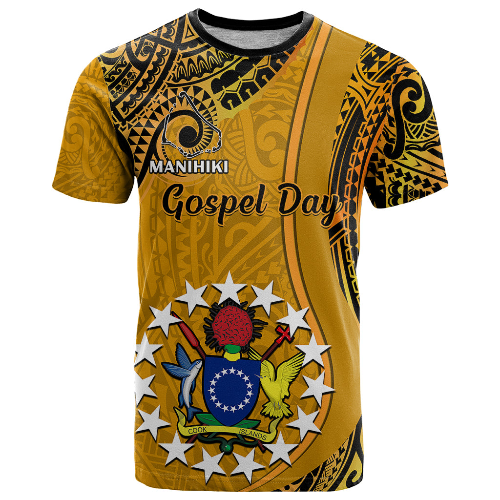 8 August Manihiki Island Gospel Day T Shirt Cook Islands Tribal Pattern LT14 Gold - Polynesian Pride