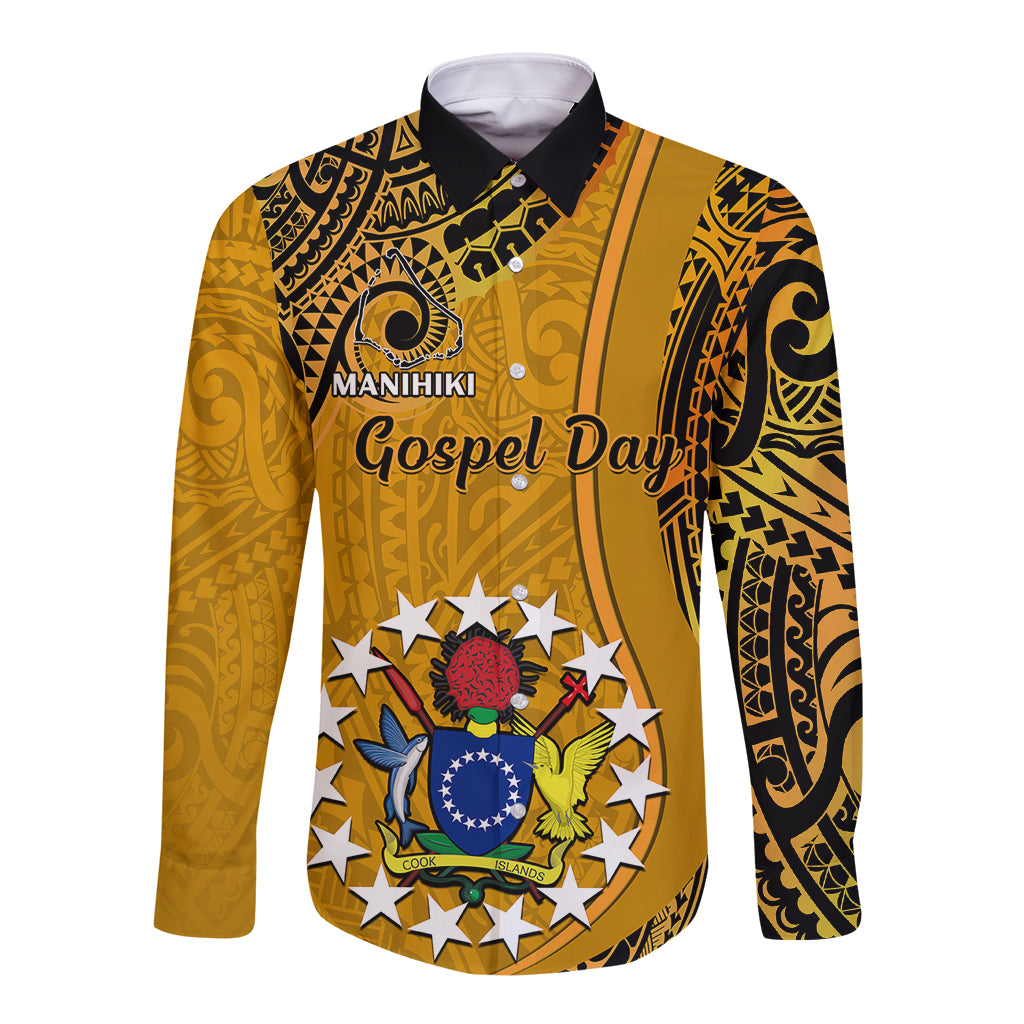 Personalised 8 August Manihiki Island Gospel Day Long Sleeve Button Shirt Cook Islands Tribal Pattern LT14 Unisex Gold - Polynesian Pride