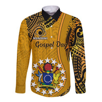 Personalised 8 August Manihiki Island Gospel Day Long Sleeve Button Shirt Cook Islands Tribal Pattern LT14 Unisex Gold - Polynesian Pride