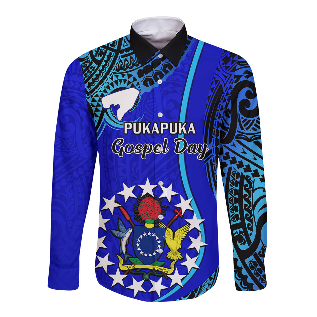 8 December Pukapuka Island Gospel Day Long Sleeve Button Shirt Cook Islands Tribal Pattern LT14 Unisex Blue - Polynesian Pride