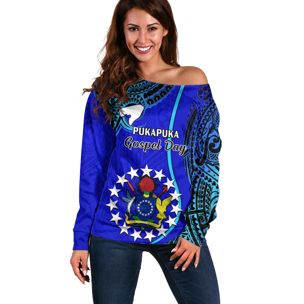 Personalised 8 December Pukapuka Island Gospel Day Off Shoulder Sweater Cook Islands Tribal Pattern LT14 Women Blue - Polynesian Pride