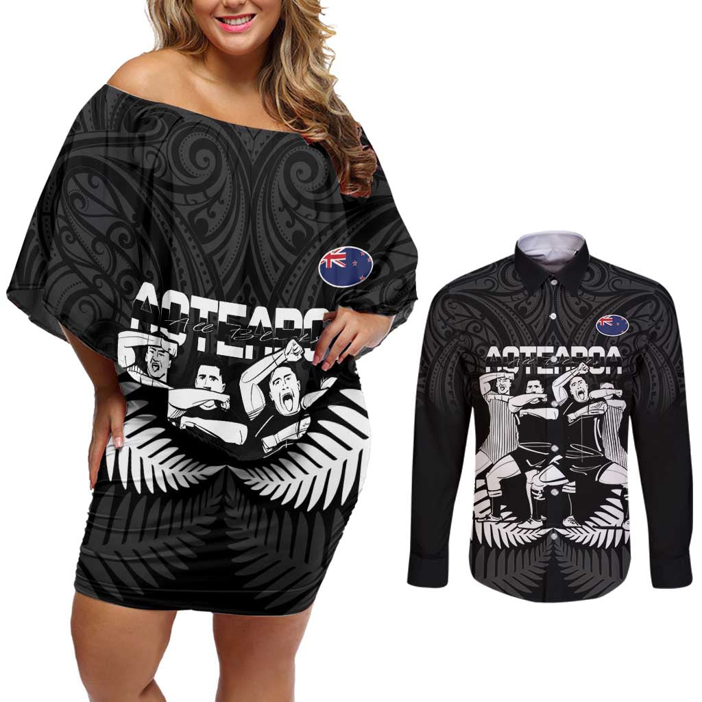New Zealand Silver Fern Rugby Couples Matching Off Shoulder Short Dress and Long Sleeve Button Shirt Haka Dance With Aotearoa Maori Pattern
