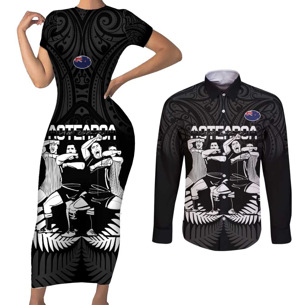 New Zealand Silver Fern Rugby Couples Matching Short Sleeve Bodycon Dress and Long Sleeve Button Shirt Haka Dance With Aotearoa Maori Pattern