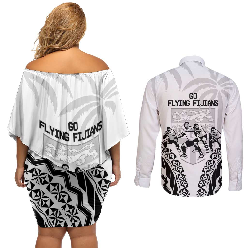 Fiji Tapa Rugby Couples Matching Off Shoulder Short Dress and Long Sleeve Button Shirt Cibi Dance With Fijian Pattern
