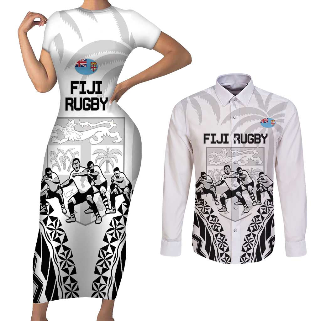 Fiji Tapa Rugby Couples Matching Short Sleeve Bodycon Dress and Long Sleeve Button Shirt Cibi Dance With Fijian Pattern LT14 White - Polynesian Pride