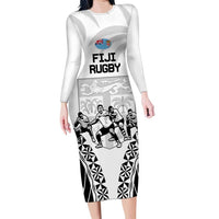 Fiji Tapa Rugby Family Matching Long Sleeve Bodycon Dress and Hawaiian Shirt Cibi Dance With Fijian Pattern LT14 Mom's Dress White - Polynesian Pride