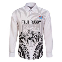 Fiji Tapa Rugby Family Matching Mermaid Dress and Hawaiian Shirt Cibi Dance With Fijian Pattern LT14 Dad's Shirt - Long Sleeve White - Polynesian Pride