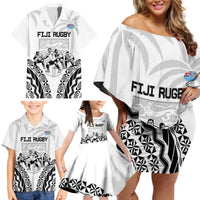 Fiji Tapa Rugby Family Matching Off Shoulder Short Dress and Hawaiian Shirt Cibi Dance With Fijian Pattern
