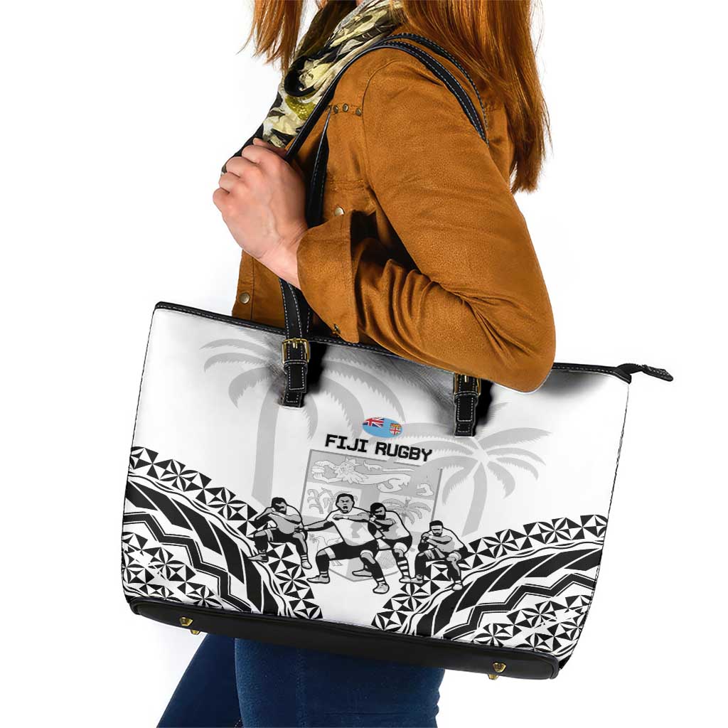 Fiji Tapa Rugby Leather Tote Bag Cibi Dance With Fijian Pattern