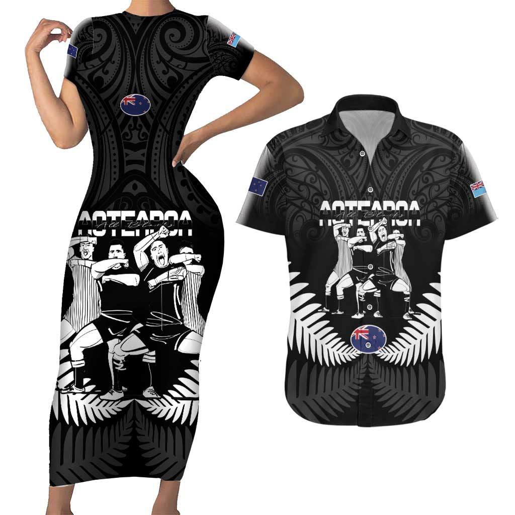 New Zealand And Fiji Tapa Rugby Couples Matching Short Sleeve Bodycon Dress and Hawaiian Shirt Haka Dance Mix Cibi Dance Together