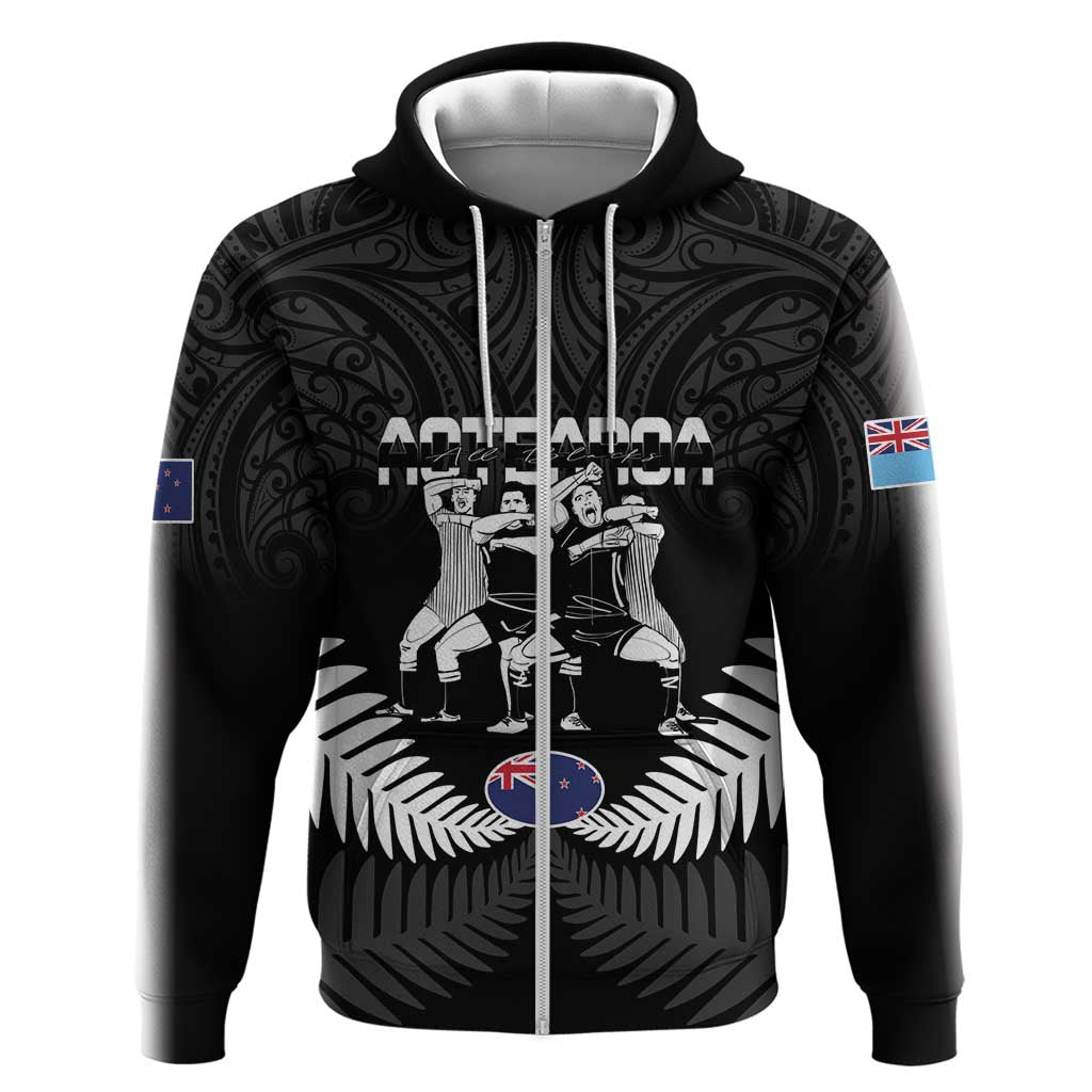 New Zealand And Fiji Tapa Rugby Zip Hoodie Haka Dance Mix Cibi Dance Together LT14 Zip Hoodie Black - Polynesian Pride