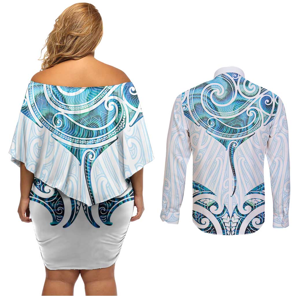 New Zealand Manta Ray Tattoo Couples Matching Off Shoulder Short Dress and Long Sleeve Button Shirt Aotearoa Maori Haehae Paua Shell LT14 - Polynesian Pride
