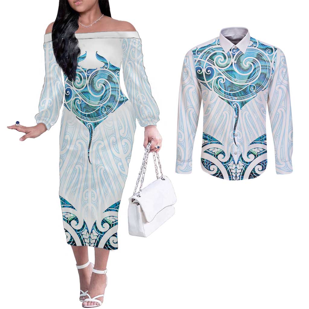New Zealand Manta Ray Tattoo Couples Matching Off The Shoulder Long Sleeve Dress and Long Sleeve Button Shirt Aotearoa Maori Haehae Paua Shell LT14 White - Polynesian Pride